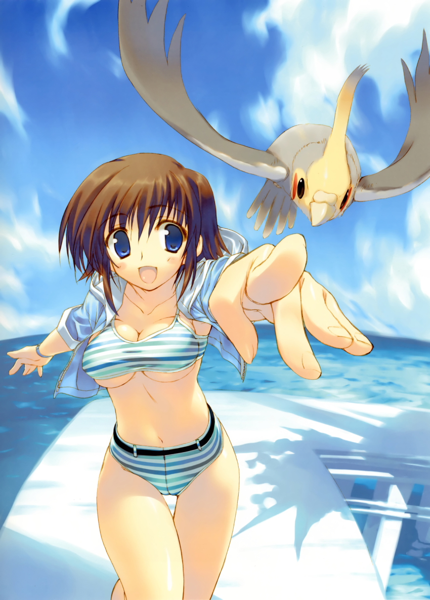 1girl, absurdres, amazuyu_tatsuki, bikini, bird, blue_eyes, breasts, brown_hair, cleavage, cockatiel, day, female_focus, highres, medium_breasts, navel, original, parrot, short_hair, solo, striped_bikini, striped_clothes, swimsuit, thigh_gap, thighs, underboob