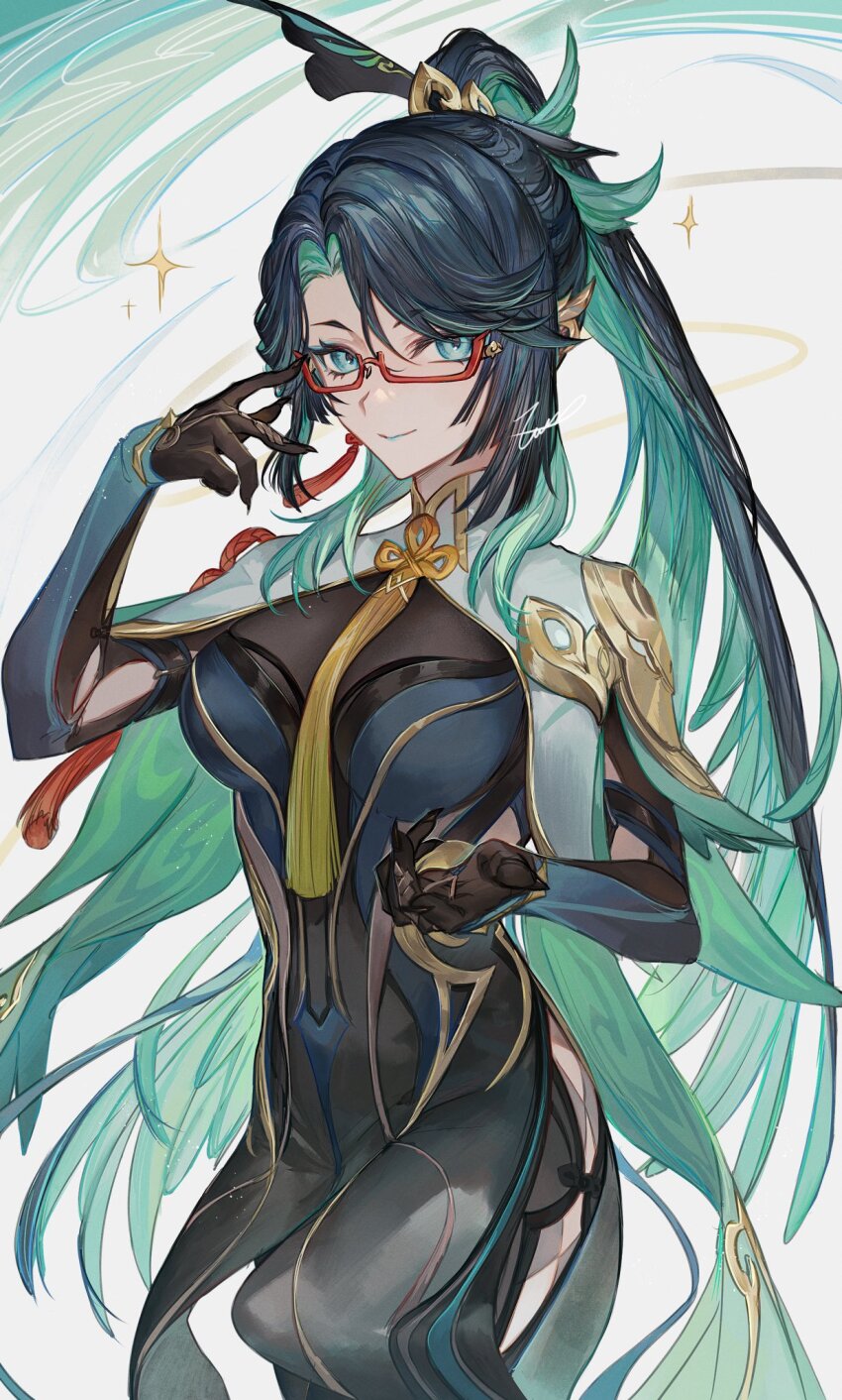 1girl, adjusting_eyewear, aqua_eyes, aqua_lips, black_hair, bodystocking, breasts, chinese_hairpin, cloud_retainer_(genshin_impact), colored_inner_hair, earrings, genshin_impact, glasses, gloves, green_hair, hair_ornament, highres, jewelry, long_hair, long_sleeves, looking_at_viewer, multicolored_hair, red-framed_eyewear, semi-rimless_eyewear, solo, tassel, tassel_earrings, tassel_hair_ornament, two-tone_hair, very_long_hair, xianyun_(genshin_impact), zaso