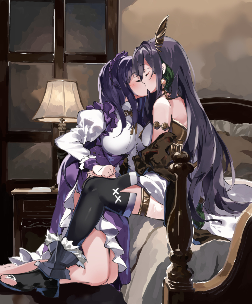 2girls, altina_(fire_emblem), altina_(unrivaled_dawn)_(fire_emblem), ayra_(fire_emblem), ayra_(tea_party)_(fire_emblem), bare_shoulders, black_hair, black_thighhighs, blush, breasts, closed_eyes, commentary_request, dress, fire_emblem, fire_emblem:_genealogy_of_the_holy_war, fire_emblem:_radiant_dawn, frilled_dress, frills, highres, horns, indoors, juliet_sleeves, kiss, kneeling, lamb_(hitsujiniku), long_hair, long_sleeves, medium_breasts, multiple_girls, night, nintendo, on_bed, profile, puffy_sleeves, purple_dress, purple_hair, shirt, sitting, thighhighs, very_long_hair, white_shirt, window, yuri