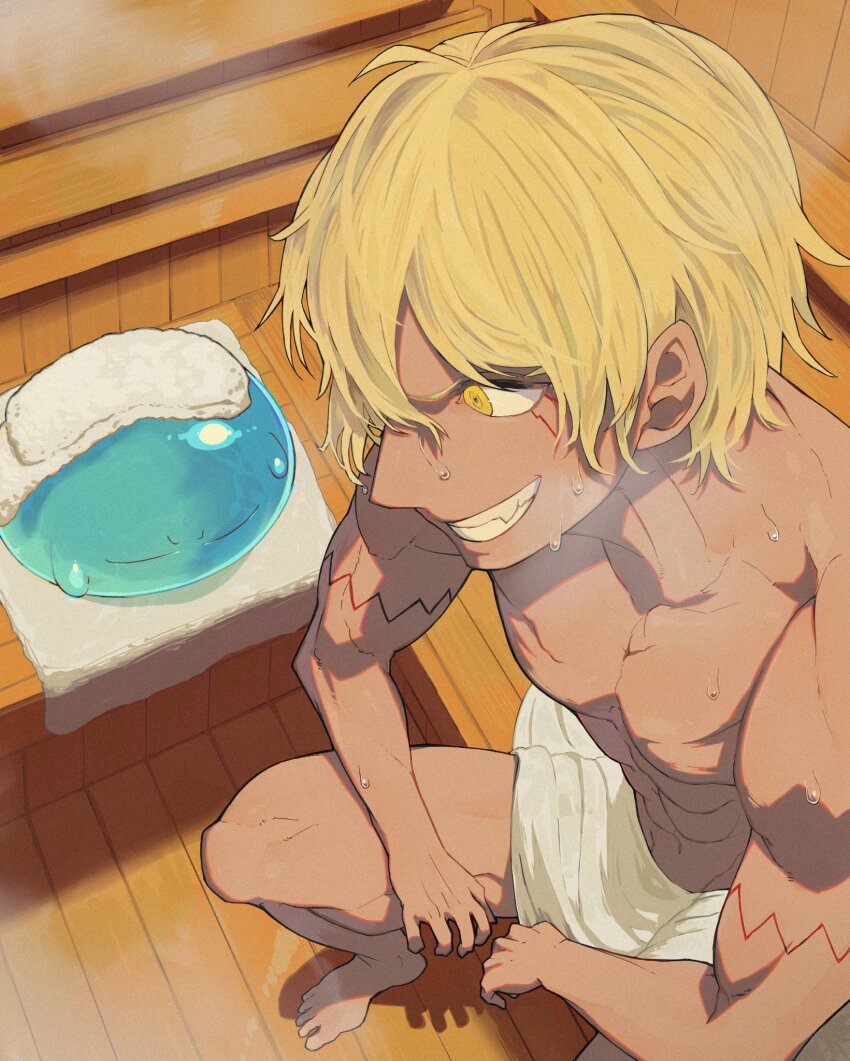 1boy, 1other, abs, blonde_hair, dark-skinned_male, dark_skin, fang, from_above