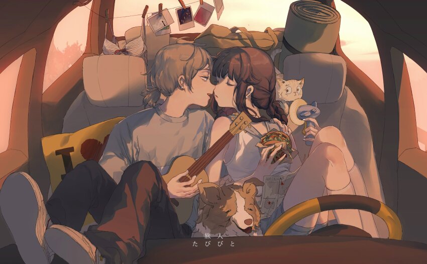 1boy, 1girl, absurdres, anna_(avona), antenna_hair, arm_around_neck, bare_arms, black_hair