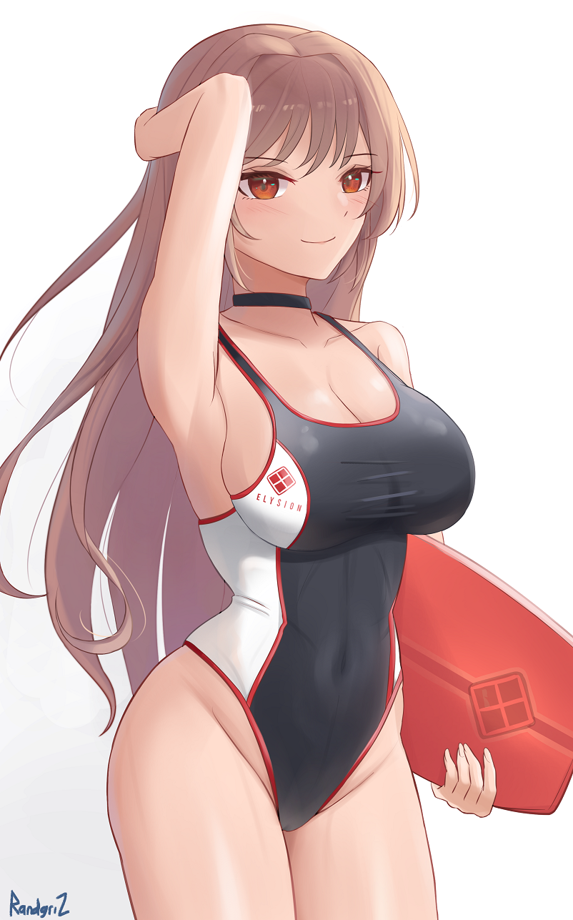 1girl, black_choker, black_one-piece_swimsuit, breasts, brown_eyes, brown_hair, choker, cleavage