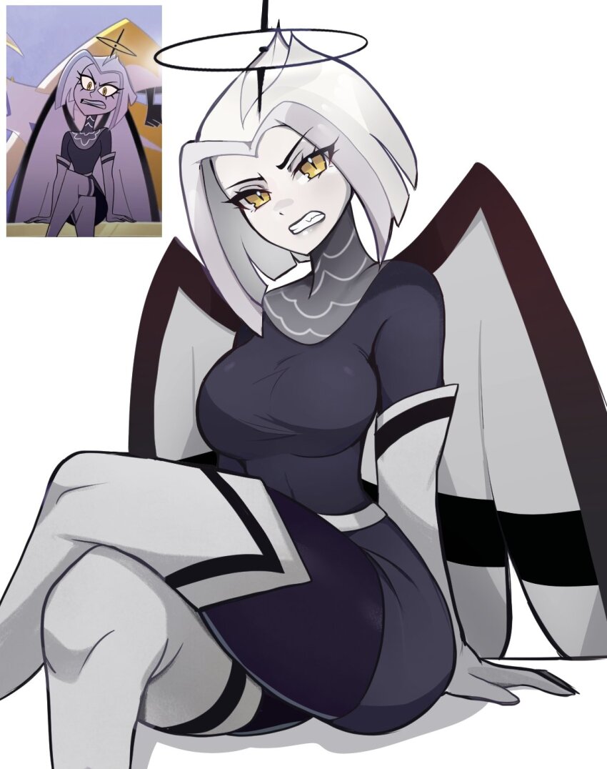 1girl, angel, angel_wings, breasts, clenched_teeth, colored_skin, crossed_legs, elbow_gloves, gloves, halo, hazbin_hotel, hellaverse, highres, large_breasts, looking_at_viewer, lute_(hazbin_hotel), medium_breasts, reference_inset, rukiadaichi, short_hair, simple_background, sitting, slit_pupils, solo, teeth, thighhighs, white_hair, white_skin, wings, yellow_eyes