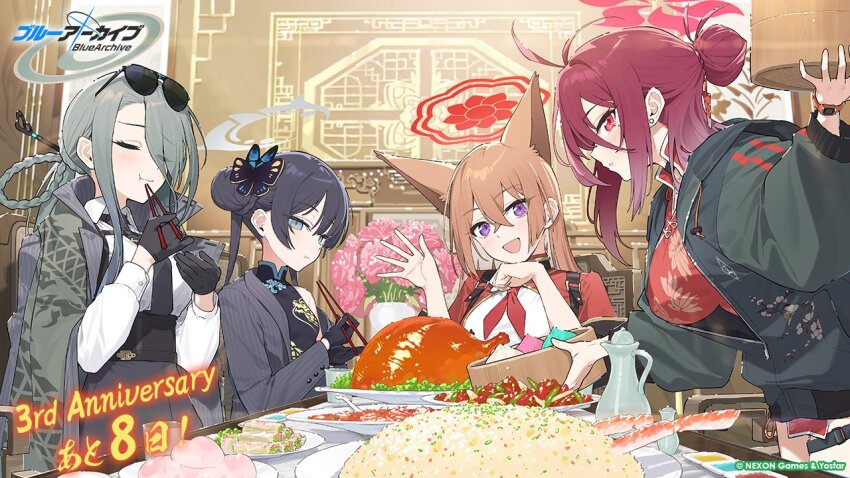 4girls, bamboo_steamer, steamed_bun, blue_archive, china_dress, chinese_clothes, chopsticks, closed_eyes