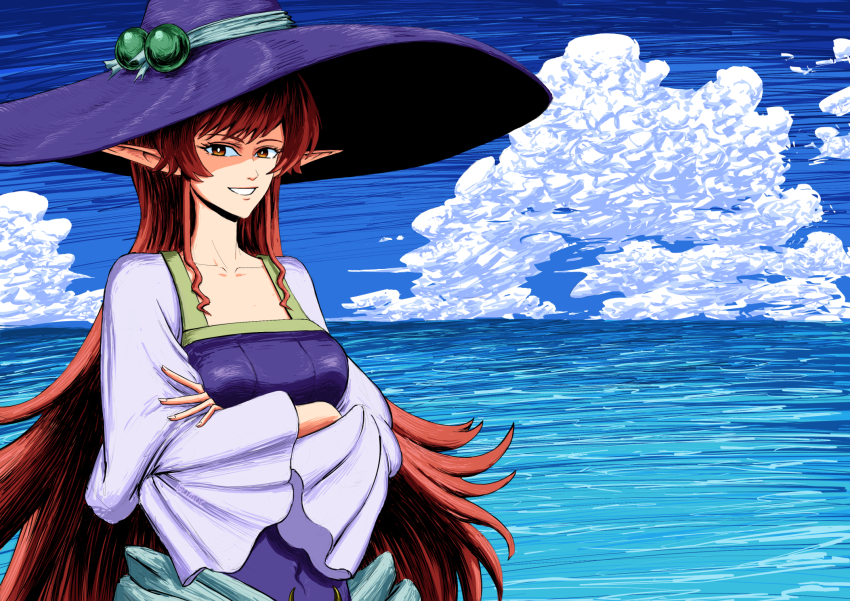 1girl, blue_sky, breasts, cloud, collarbone, comic_panel_redraw, commentary, crossed_arms, derivative_work, hat, helck, highres, ibumuc, large_breasts, large_hat, long_hair, long_sleeves, ocean, pointy_ears, puffy_long_sleeves, puffy_sleeves, red_eyes, red_hair, shunova, sidelocks, sky, smile, solo, upper_body, very_long_hair, wide_sleeves, witch_hat