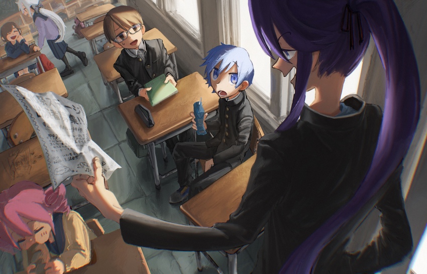 3boys, 3girls, =_=, alternate_costume, backpack, bag, baguette, black_bow