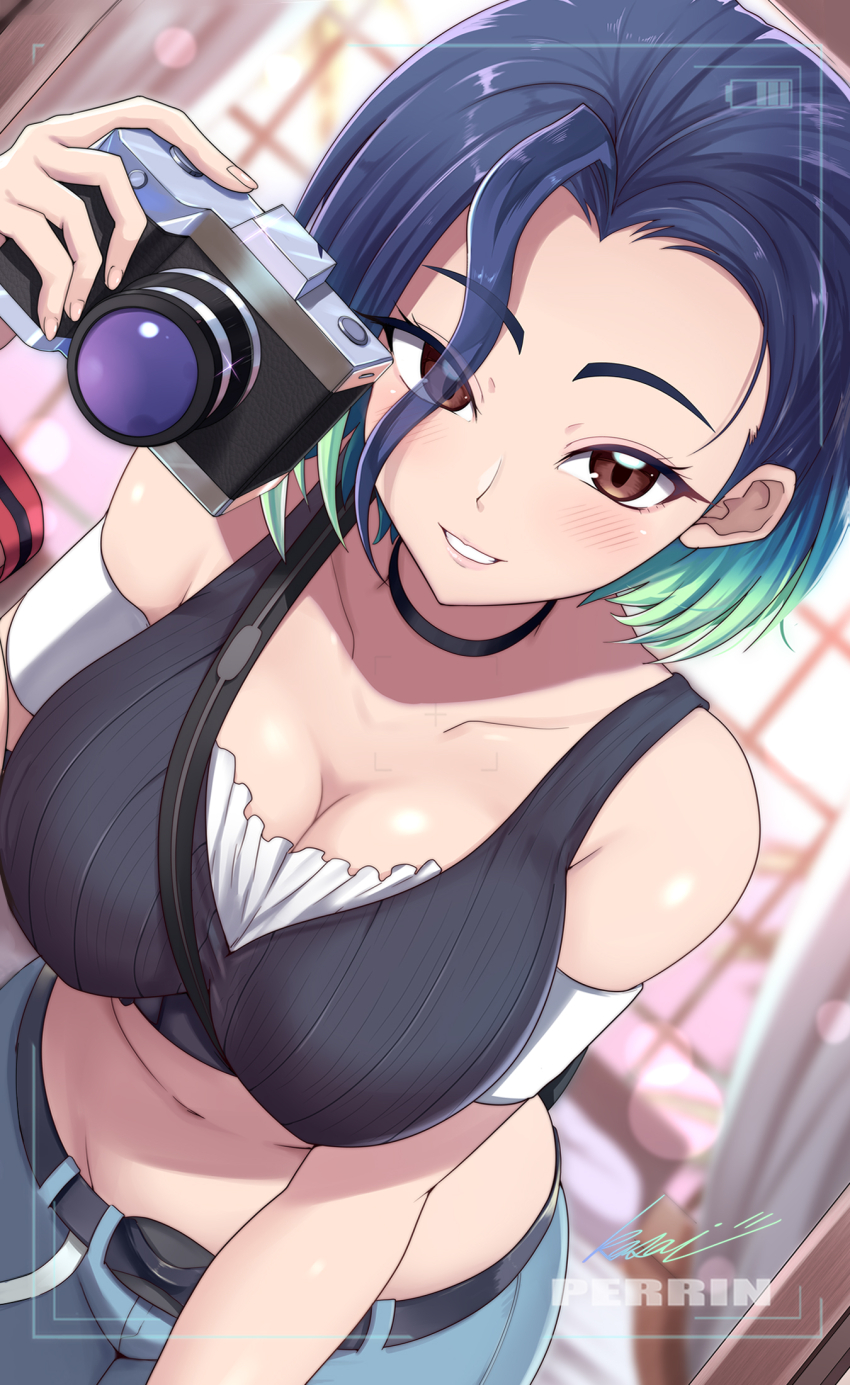 1girl, amepa_(ame_pinecandy), bare_shoulders, bent_over, black_choker, black_shirt, blue_hair, blush, bob_cut, breasts, brown_eyes, camera, character_name, choker, cleavage, collarbone, commentary_request, crop_top, denim, dutch_angle, gradient_hair, grey_shirt, highres, holding, holding_camera, jeans, kasai_shin, large_breasts, loose_hair_strand, midriff, multicolored_hair, navel, nintendo, pants, perrin_(pokemon), pokemon, pokemon_scarlet_and_violet, ribbed_shirt, rotated, shirt, sleeveless, sleeveless_shirt, undershirt, v-neck, viewfinder