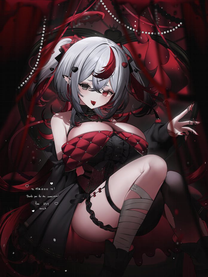 1girl, bandaged_leg, bandages, bare_shoulders, black_eyes, black_sleeves, black_thighhighs, blood, blood_on_hands, bochi_mumumu, bow, breasts, cleavage_cutout, clothing_cutout, commentary_request, commission, crossed_bangs, detached_sleeves, dress, ear_piercing, feet_out_of_frame, fingernails, gem, grey_hair, hair_between_eyes, hair_bow, hair_ornament, hand_up, heart, heart_hair_ornament, heterochromia, jpeg_artifacts, large_breasts, long_fingernails, long_hair, long_sleeves, looking_at_viewer, multicolored_hair, nail_polish, pearl_(gemstone), piercing, red_bow, red_dress, red_eyes, red_hair, red_nails, single_thighhigh, sitting, skeb_commission, sleeveless, sleeveless_dress, solo, thank_you, thigh_strap, thighhighs, tongue, tongue_out, torn_clothes, torn_thighhighs, two-tone_hair, villusion, virtual_youtuber, youichi_(45_01)