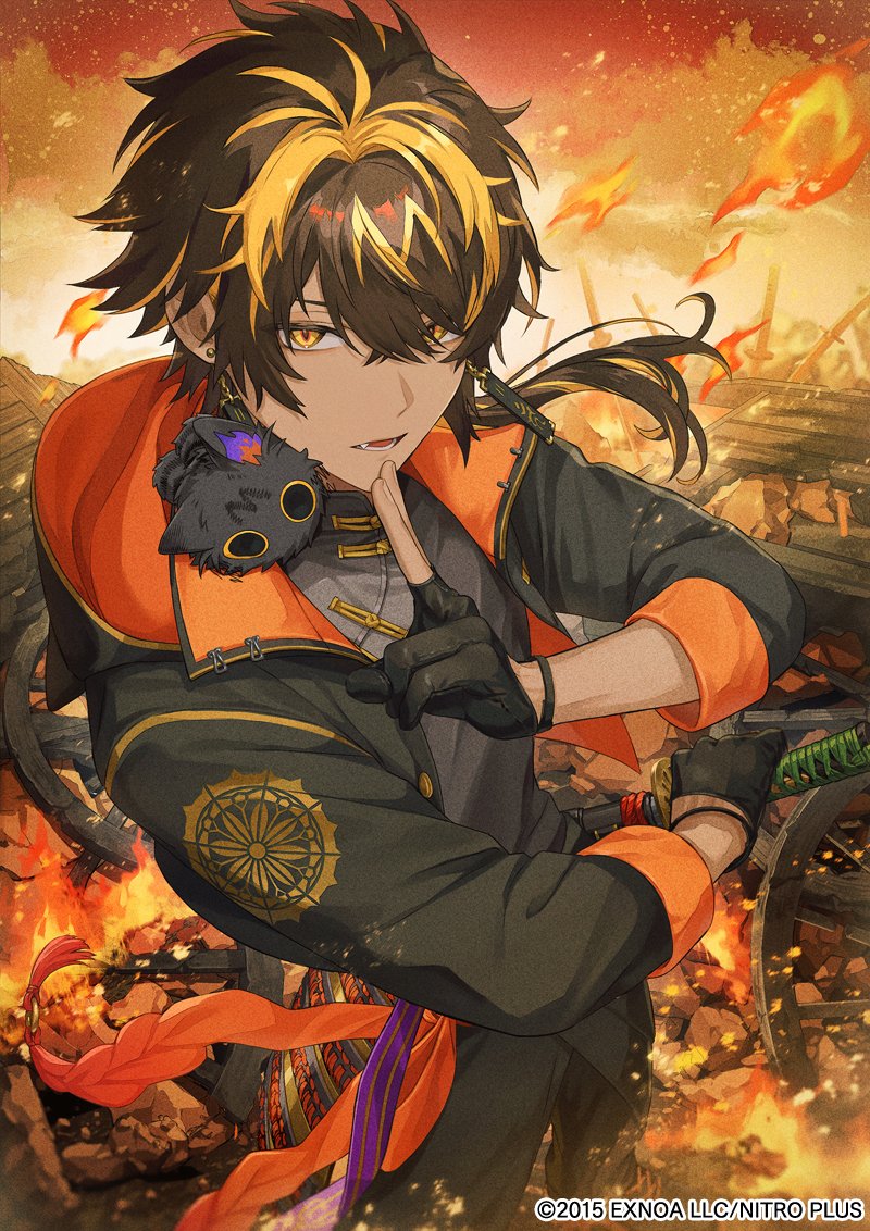 1boy, animal, animal_on_shoulder, armor, black_cat, black_gloves, black_jacket, black_pants