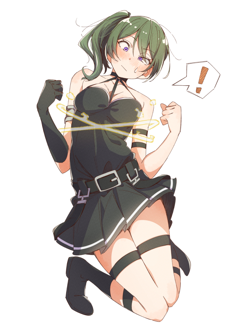 !, 1girl, :/, armlet, belt, black_boots, black_dress, black_gloves