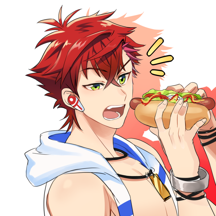 1boy, blackkdogg, fang, green_eyes, helios_rising_heroes, hot_dog, male_focus, open_mouth
