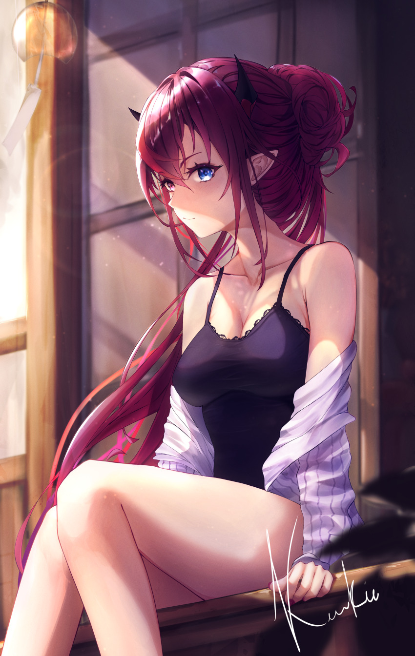 1girl, absurdres, black_dress, blue_eyes, breasts, cleavage, dress, hair_bun