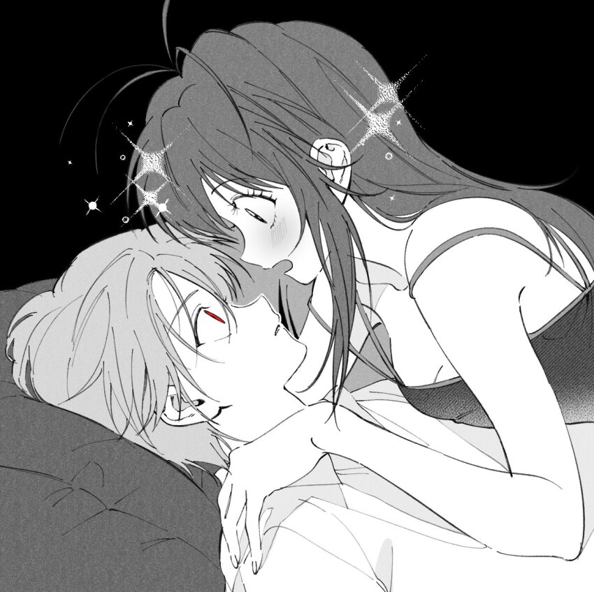 1boy, 1girl, bare_arms, bare_shoulders, bed_sheet, blush, breasts, cleavage