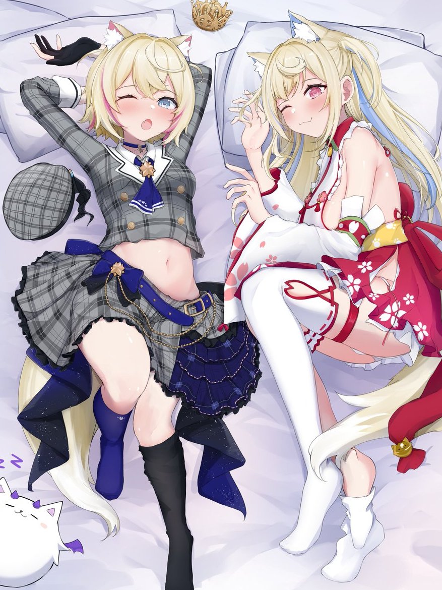 2girls, animal_ears, belt, beret, black_gloves, black_thighhighs, blonde_hair, blue_belt, blue_choker, blue_hair, blue_thighhighs, breasts, choker, cosplay, crown, detached_sleeves, dog_ears, dog_girl, dog_tail, fang, floral_print, floral_print_kimono, fuwawa_abyssgard, gloves, grey_shirt, grey_skirt, hakama, hat, hololive, hololive_english, hoshimachi_suisei, hoshimachi_suisei_(1st_costume), hoshimachi_suisei_(cosplay), japanese_clothes, kimono, large_breasts, long_hair, looking_at_viewer, miixxc, mococo_abyssgard, multicolored_hair, multiple_girls, navel, o-ring, o-ring_choker, one_eye_closed, open_mouth, partially_fingerless_gloves, perroccino_(fuwamoco), pink_hair, print_kimono, red_hakama, sakura_miko, sakura_miko_(1st_costume), sakura_miko_(cosplay), shirt, siblings, sisters, skin_fang, skirt, small_breasts, smile, streaked_hair, tail, thigh_strap, thighhighs, twins, two_side_up, unworn_crown, unworn_hat, unworn_headwear, virtual_youtuber, white_kimono, white_thighhighs