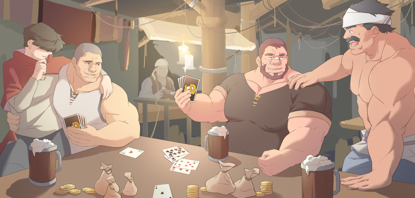 5boys, bara, beard, buzz_cut, card, character_request, couple, facial_hair