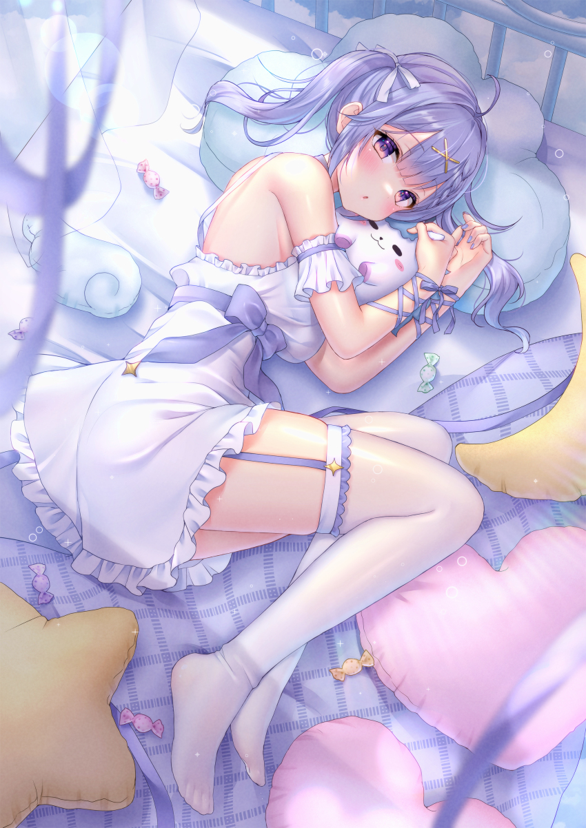 1girl, absurdres, armpits, blurry, blurry_foreground, bokeh, breasts, candy, commentary_request, crescent_pillow, depth_of_field, dress, fetal_position, food, from_above, garter_straps, heart, heart-shaped_pillow, highres, indie_virtual_youtuber, lens_flare, light_particles, light_rays, looking_at_viewer, lying, medium_breasts, on_bed, pillow, purple_eyes, purple_hair, shadow, shiny_clothes, shiny_skin, sleeveless, sleeveless_dress, solo, star-shaped_pillow, star_(symbol), stuffed_toy, sunlight, thighhighs, twintails, virtual_youtuber, white_dress, white_thighhighs, yume_kawaii, yunico_(vtuber), yuyuko_(yuyucocco)