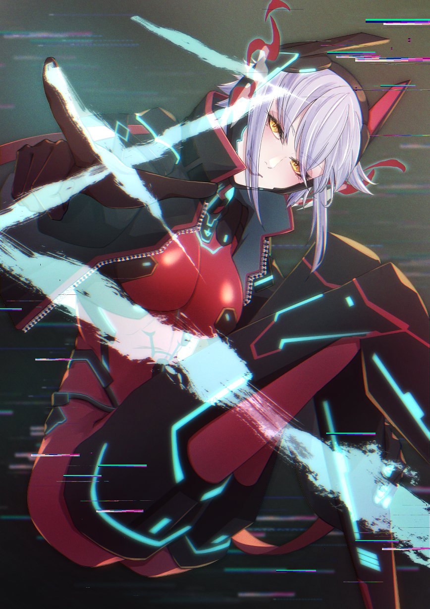 1girl, black_gloves, black_jacket, bodysuit, breasts, cropped_jacket, gloves, grey_hair