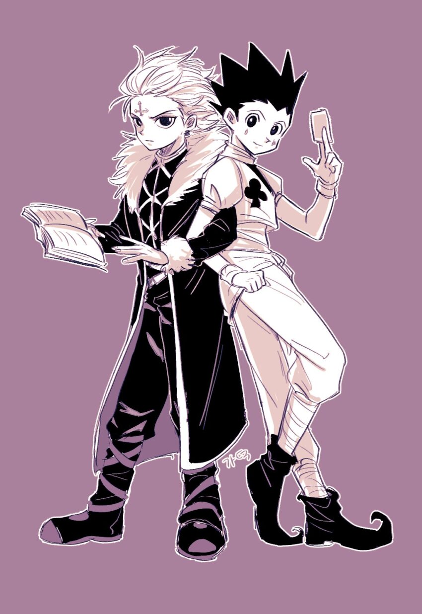 2boys, between_fingers, book, card, chrollo_lucilfer, chrollo_lucilfer_(cosplay), closed_mouth, coat, cosplay, cropped_jacket, cross, cross-laced_clothes, earrings, facial_mark, forehead_mark, full_body, fur-trimmed_coat, fur-trimmed_sleeves, fur_trim, gon_freecss, hair_slicked_back, hand_up, hashtag-only_commentary, highres, hisoka_morow, hisoka_morow_(cosplay), holding, holding_book, holding_card, hunter_x_hunter, jacket, jewelry, killua_zoldyck, locked_arms, long_sleeves, looking_at_viewer, male_focus, multiple_boys, open_book, outline, pointy_boots, print_jacket, puffy_short_sleeves, puffy_sleeves, purple_background, purple_theme, seuyugye, short_hair, short_sleeves, simple_background, smile, spiked_hair, standing, star_(symbol), star_facial_mark, teardrop_facial_mark, widow's_peak, wrist_cuffs