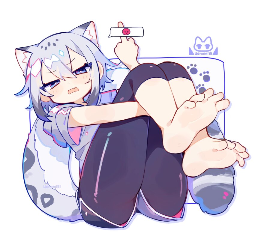 1girl, angry, angry_face_emoji, animal_ear_fluff, animal_ears, artist_logo, ass, barefoot