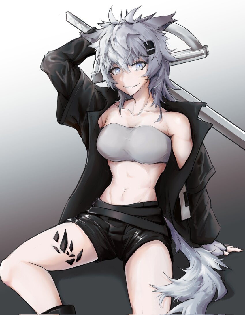 1girl, animal_ears, arknights, arm_up, bandeau, belt, black_belt, black_jacket, black_shorts, commentary_request, fingerless_gloves, gloves, gradient_background, grey_background, grey_eyes, grey_gloves, grey_hair, grin, hair_ornament, hairclip, highres, jacket, lappland_(arknights), long_hair, long_sleeves, looking_at_viewer, material_growth, midriff, navel, off_shoulder, open_clothes, open_jacket, oripathy_lesion_(arknights), short_shorts, shorts, single_bare_shoulder, sitting, skorpion_(kenji_wdnmd), smile, solo, stomach, strapless, sword, tail, thighs, tube_top, weapon, wolf_ears, wolf_tail