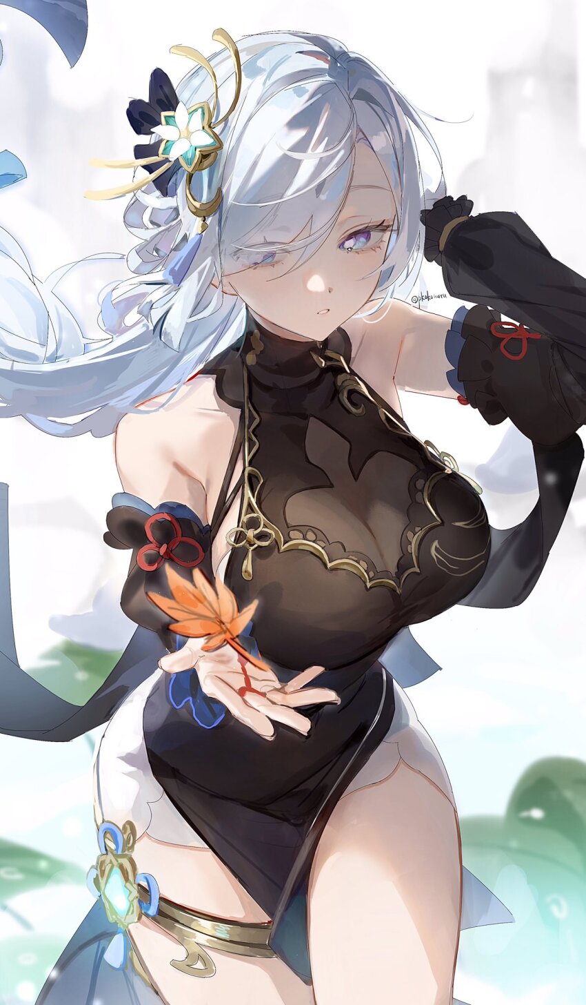 1girl, bare_shoulders, black_dress, blue_eyes, blue_hair, breasts, commentary_request, cowboy_shot, detached_sleeves, dress, genshin_impact, highres, jewelry, large_breasts, long_sleeves, official_alternate_costume, pkokonatu, revision, shenhe_(frostflower_dew)_(genshin_impact), shenhe_(genshin_impact), sleeveless, sleeveless_dress, solo, standing, thighlet, thighs
