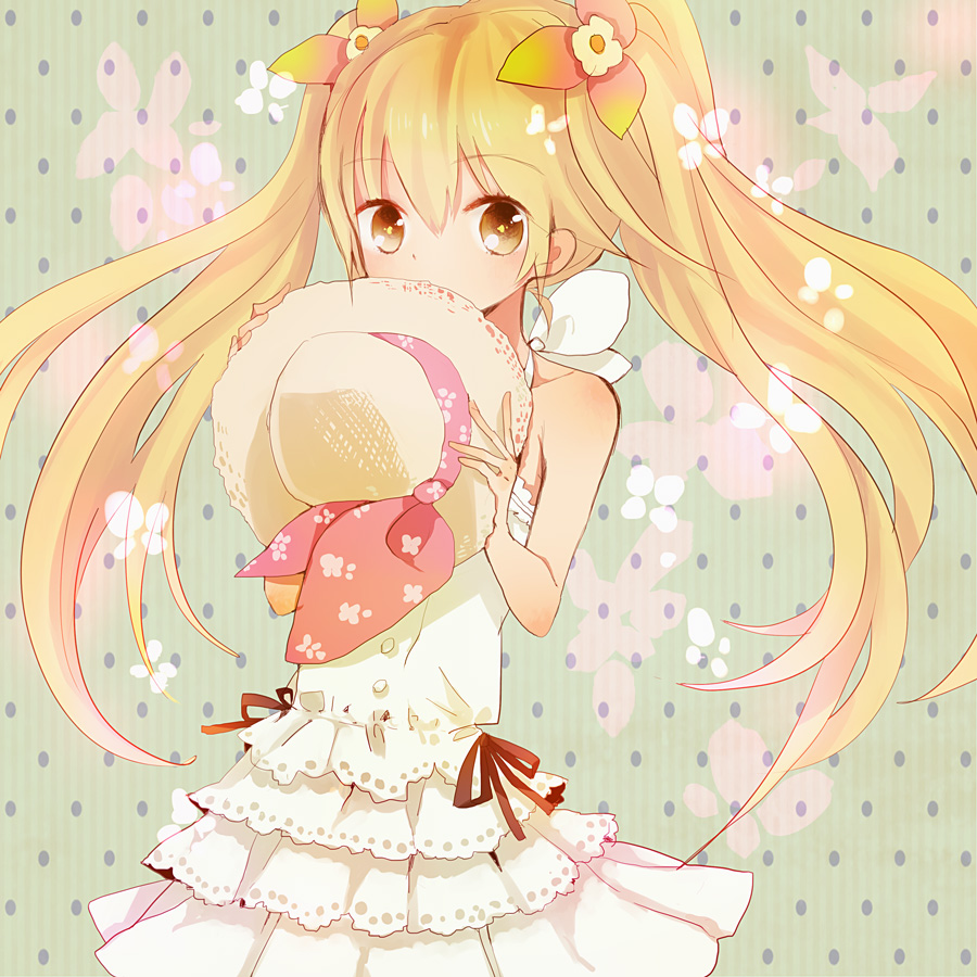 10s, 1girl, blonde_hair, brown_eyes, cure_sunshine, dress, female_focus, green_background, hair_ribbon, hat, heartcatch_precure!, long_hair, macino, magical_girl, myoudouin_itsuki, navel, polka_dot, polka_dot_background, precure, ribbon, solo, sun_hat, twintails, unworn_hat, unworn_headwear, white_dress, yellow_eyes