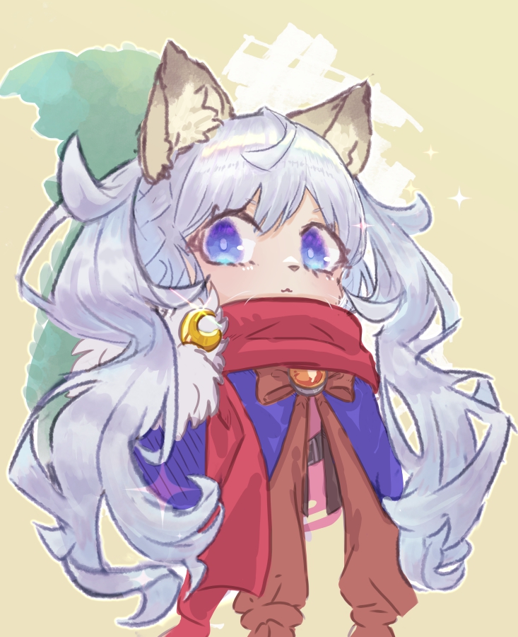 1girl, animal_ears, blue_eyes, blush, bow, bowtie, brooch, brown_bow, brown_bowtie, capelet, cat_ears, cat_girl, closed_mouth, commentary_request, crescent, crescent_pin, cropped_torso, furry, furry_female, grey_hair, jewelry, long_hair, looking_at_viewer, pi_(pyaaaro), purple_capelet, ragnarok_online, smile, solo, summoner_(ragnarok_online), upper_body, yellow_background