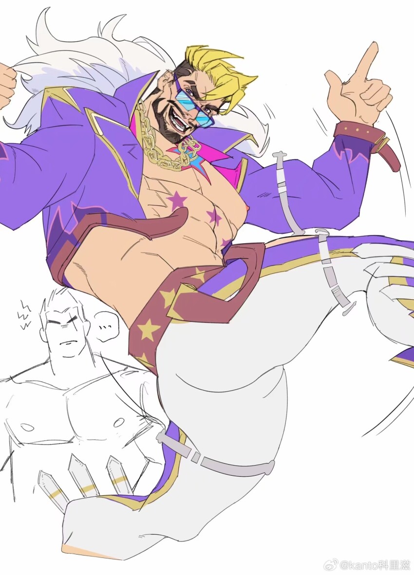 ..., 2boys, abs, annoyed, ass, bara, bare_pectorals, beard