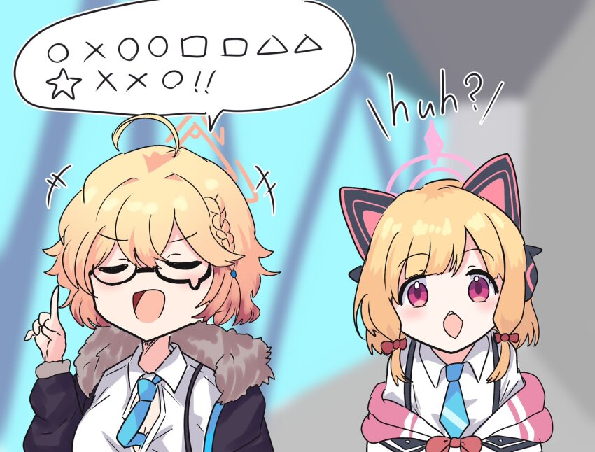 2girls, animal_ear_headphones, animal_ears, black_jacket, blonde_hair, blue_archive, blue_necktie, closed_eyes