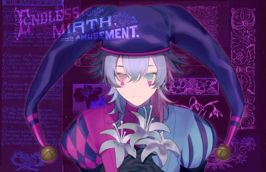 1boy, absurdres, alternate_costume, bell, bishounen, black_gloves, blue_eyes, blue_hair, closed_mouth, english_text, expressionless, eyeshadow, flower, gavis_bettel, gloves, grey_hair, hair_between_eyes, hat, heterochromia, highres, holding, holding_flower, holostars, holostars_english, jester_cap, jester_costume, jingle_bell, knightsprotocol, lily_(flower), looking_at_viewer, makeup, male_focus, multicolored_hair, pink_eyes, pink_eyeshadow, pink_hair, purple_background, short_hair, solo, upper_body, virtual_youtuber, white_flower