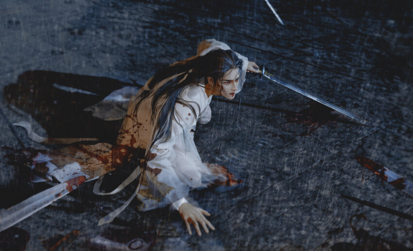 1boy, absurdres, black_hair, blood, blood_from_mouth, blood_on_clothes, blood_on_face, bloody_weapon, brown_eyes, chinese_clothes, chinese_commentary, earrings, hair_tie, hand_on_ground, hanfu, highres, holding, holding_sword, holding_weapon, injury, jewelry, jianya_chi, long_hair, long_sleeves, looking_ahead, on_one_knee, outdoors, parted_lips, puddle, qiang_jin_jiu, rain, realistic, ribbon, ripples, shadow, shen_zechuan, single_earring, solo, stone_walkway, sword, weapon, wet, wet_clothes, wet_hair, white_hanfu, white_ribbon, wide_sleeves