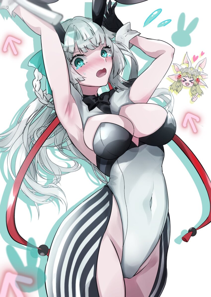 2girls, adapted_costume, animal_ears, armpits, arms_up, black_gloves, blush, braid