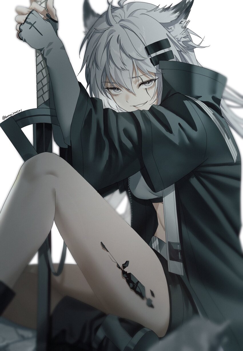 1girl, ahoge, animal_ear_fluff, animal_ears, arknights, artist_name, bandeau, bare_legs