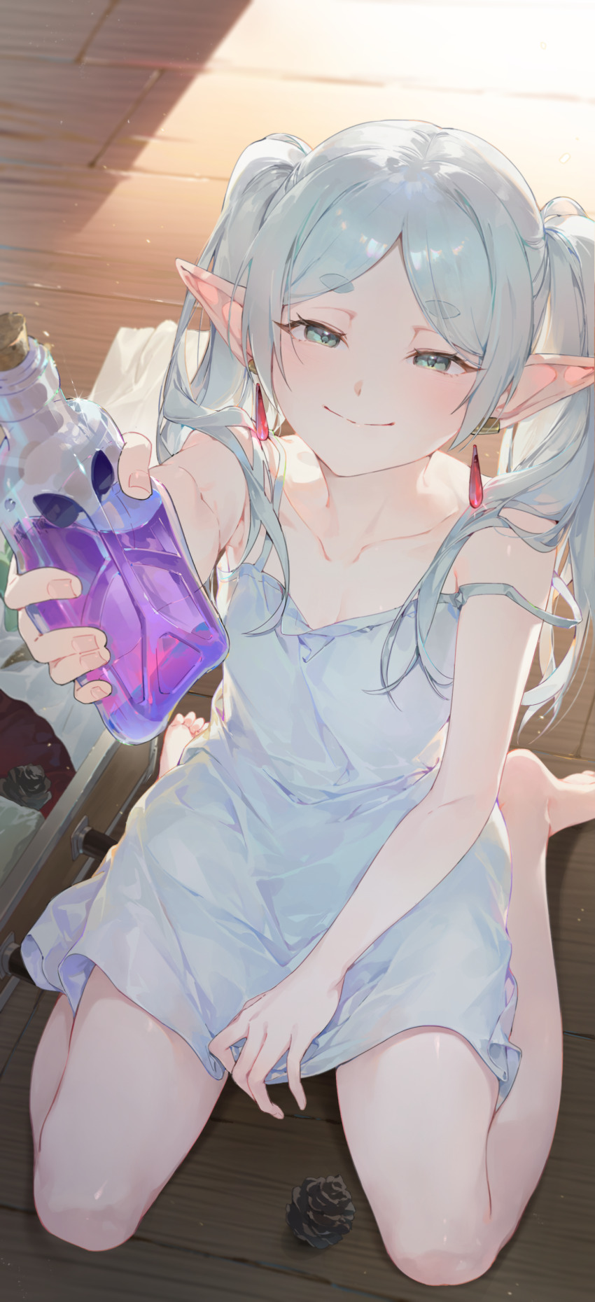 1girl, absurdres, bare_shoulders, bottle, camisole, chap_sal_!, earrings, floating_earrings