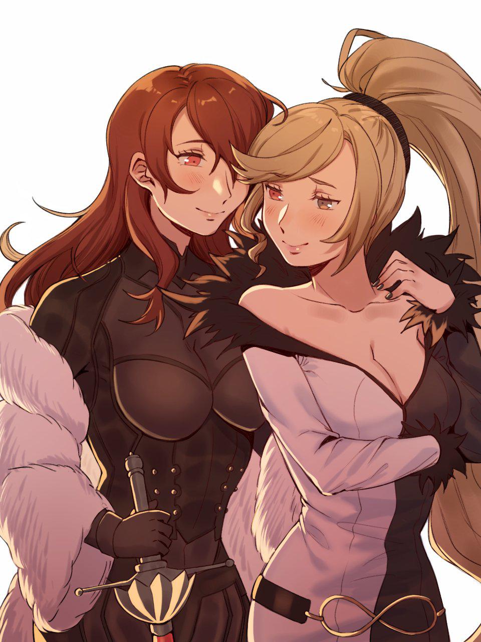2girls, allegra_clark, bad_id, bad_twitter_id, bare_shoulders, belt, black_bodysuit, black_dress, black_gloves, black_nails, blazblue, blazblue:_cross_tag_battle, blonde_hair, bodysuit, breasts, brown_eyes, cleavage, coat, crossover, dress, fur_coat, fur_trim, gloves, hair_over_one_eye, hand_on_own_shoulder, heterochromia, high_ponytail, highres, hilda_(under_night_in-birth), holding, holding_sword, holding_weapon, infinity_symbol, kirijou_mitsuru, large_breasts, long_hair, megami_tensei, multiple_girls, one_eye_covered, persona, persona_3, persona_4:_the_ultimate_in_mayonaka_arena, ponytail, rapier, red_eyes, red_hair, ribbon, simple_background, smile, swept_bangs, sword, under_night_in-birth, upper_body, very_long_hair, voice_actor_connection, weapon, white_background, white_coat, yukari_(bryleluansing), yuri