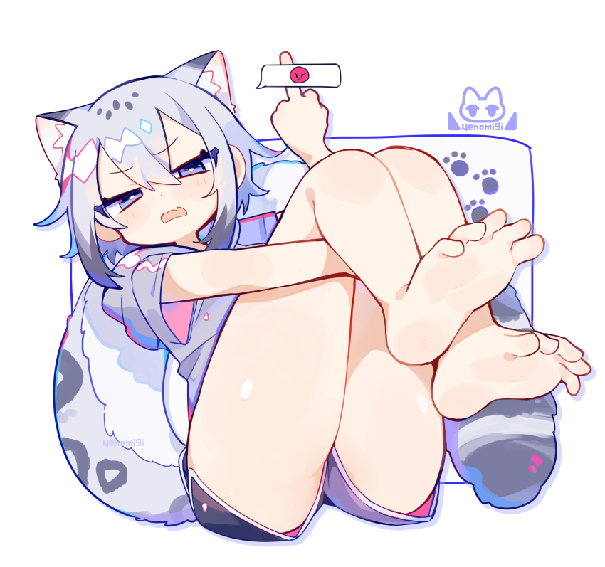 1girl, absurdres, angry, angry_face_emoji, animal_ear_fluff, animal_ears, artist_logo, ass, barefoot, black_leggings, blue_eyes, fang, grey_hair, hair_between_eyes, highres, hugging_own_legs, knees_to_chest, leggings, leggings_under_shorts, leopard_ears, leopard_girl, leopard_tail, logo, looking_at_viewer, middle_finger, narrowed_eyes, original, paw_print, sidelocks, snow_leopard_ears, snow_leopard_tail, soles, solo, spoken_emoji, tail, toes, uenomigi, v-shaped_eyebrows