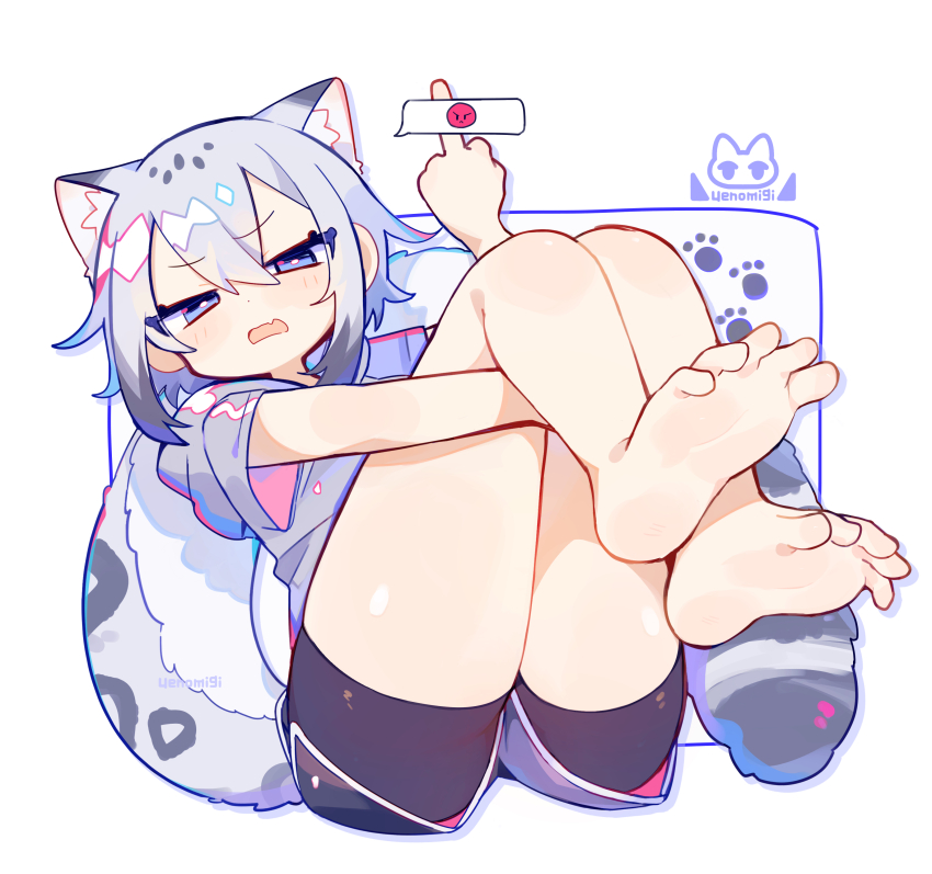 1girl, absurdres, angry, angry_face_emoji, animal_ear_fluff, animal_ears, artist_logo, ass, barefoot, black_leggings, blue_eyes, fang, feet, grey_hair, hair_between_eyes, highres, hugging_own_legs, knees_to_chest, leggings, leggings_under_shorts, leopard_ears, leopard_girl, leopard_tail, logo, looking_at_viewer, middle_finger, narrowed_eyes, original, paw_print, sidelocks, simple_background, snow_leopard_ears, snow_leopard_tail, soles, solo, spoken_emoji, tail, toes, uenomigi, v-shaped_eyebrows, white_background