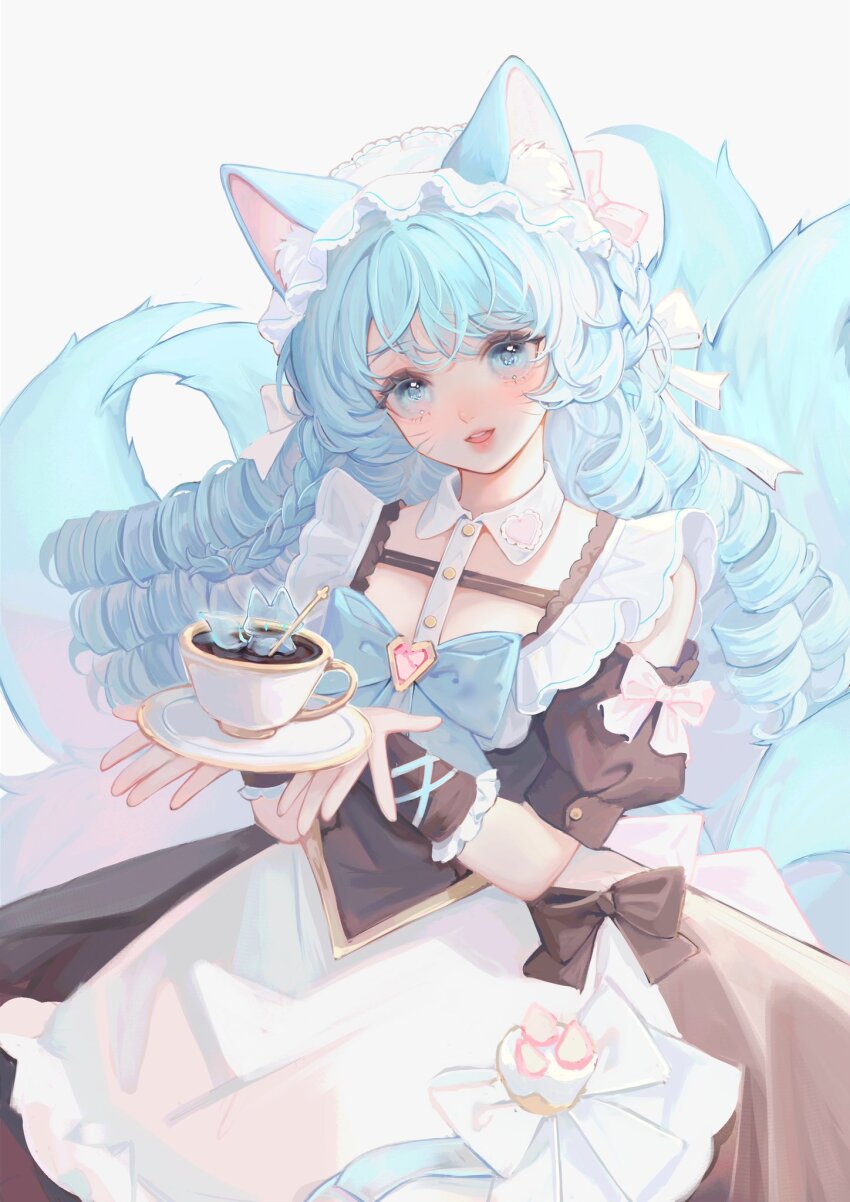 ahri_(league_of_legends), animal_ears, blue_hair, bow, cafe_cuties_(league_of_legends), cup, food, frills