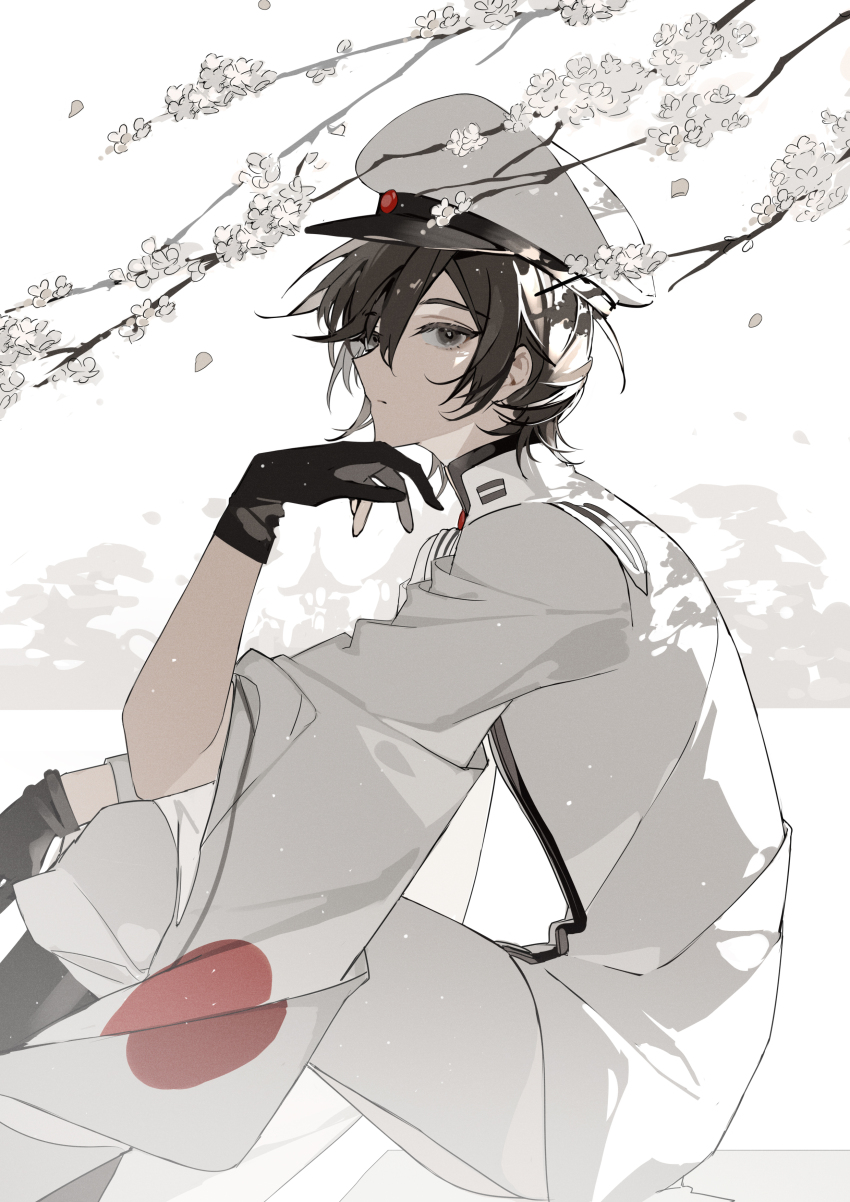 1boy, absurdres, bishounen, black_eyes, black_hair, cherry_blossoms, expressionless, from_side