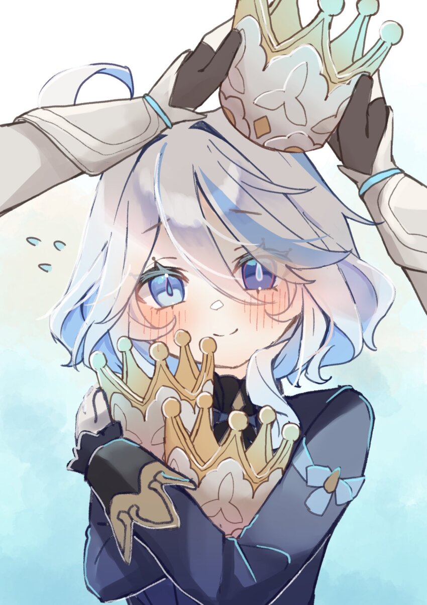 2girls, ahoge, blue_eyes, blue_hair, blue_jacket, blush, crown, crown_of_insight