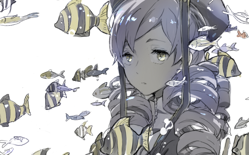 1girl, dlanor_a._knox, drill_hair, eiserne_jungfrau, female_focus, fish, gurunyanya, hat