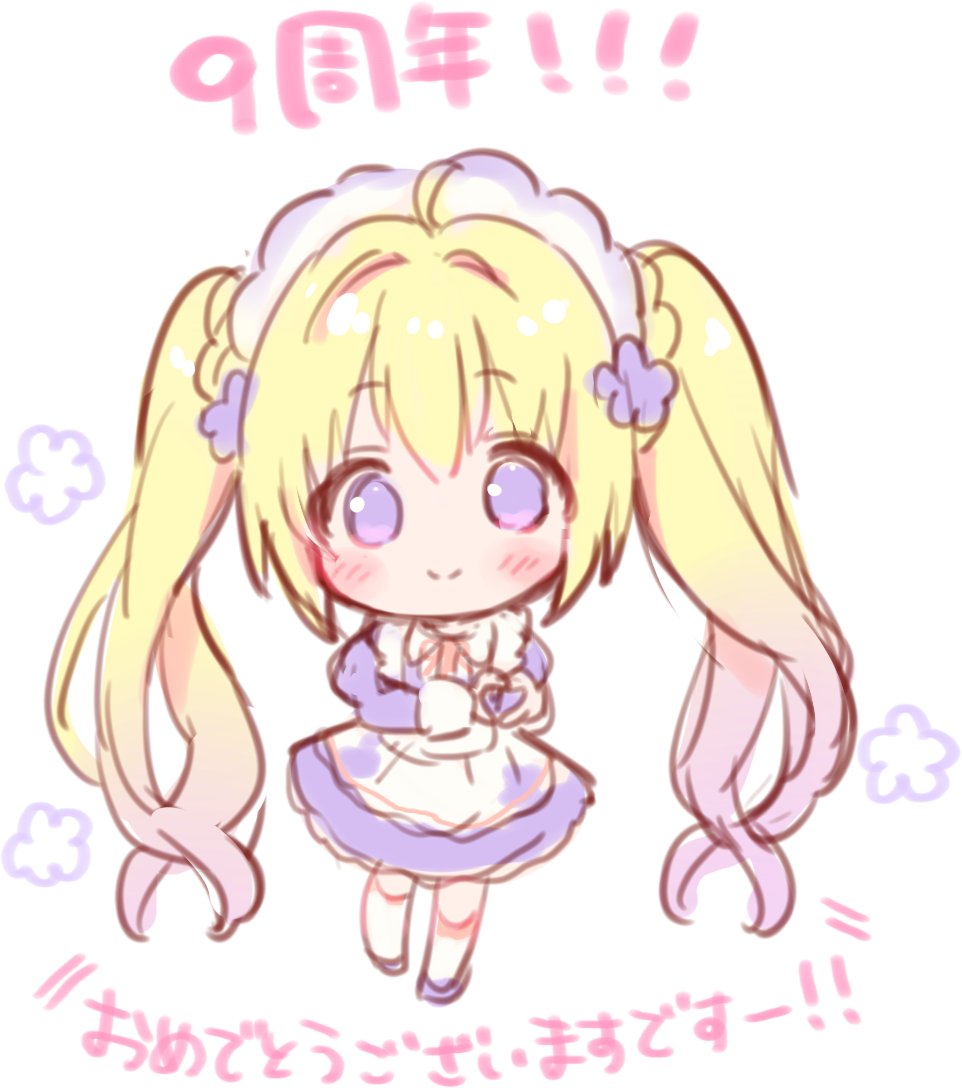 1girl, apron, blonde_hair, blush, chibi, closed_mouth, commentary_request, dress