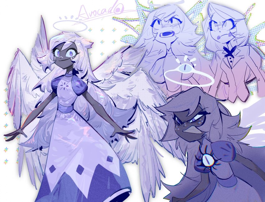 2girls, angel, angry, bow, bowtie, charlie_morningstar, clenched_teeth, colored_skin, dress, emily_(hazbin_hotel), extra_eyes, formal_clothes, freckles, grey_hair, grey_skin, halo, hazbin_hotel, hellaverse, highres, long_hair, multiple_girls, multiple_wings, open_mouth, outstretched_arms, puffy_short_sleeves, puffy_sleeves, purple_eyes, rrrrrrrrrrrou1, short_sleeves, suit, teeth, very_long_hair, wings