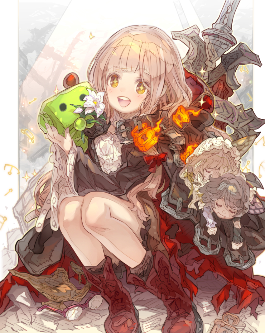 +_+, 1girl, :d, anki_(sinoalice), black_jacket, blush, boots, brown_eyes