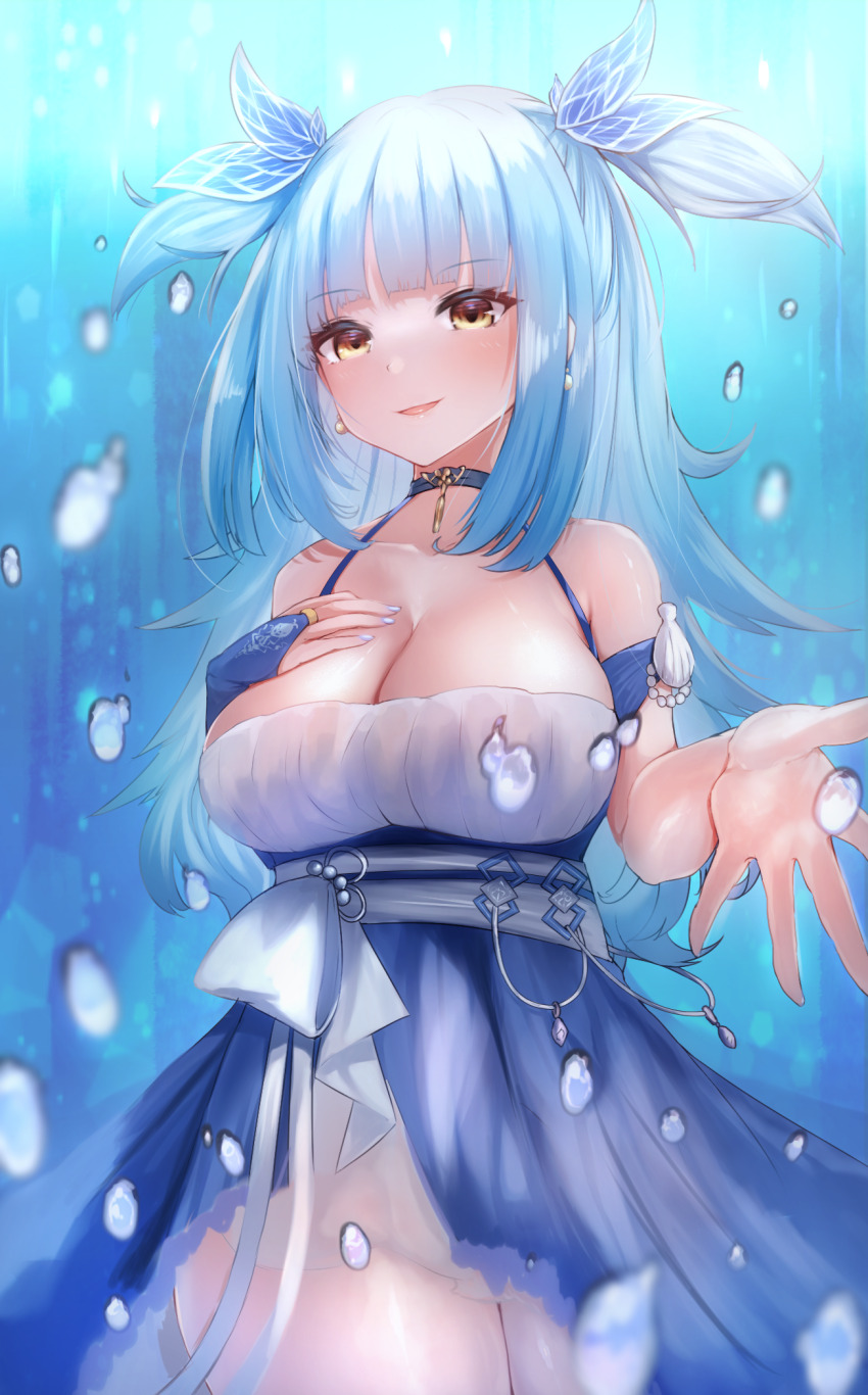 1girl, azur_lane, bare_shoulders, blue_choker, blue_dress, blue_hair, breasts, bridal_gauntlets