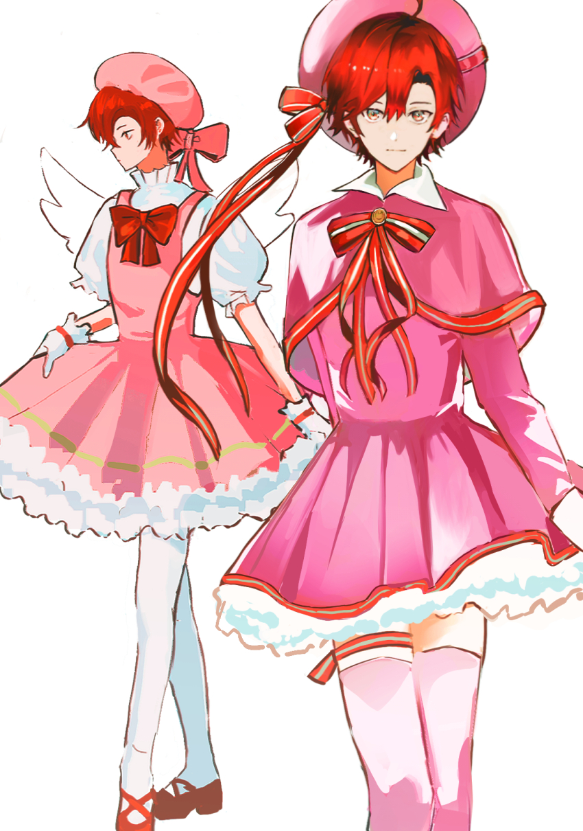 1boy, angel_wings, bonnet, bow, bowtie, capelet, cardcaptor_sakura, cardcaptor_sakura_clear_card_arc, commentary, cosplay, crossdressing, crossdressing_(mtf), dress, english_commentary, facing_viewer, frilled_shirt, frills, full_body, gloves, hair_between_eyes, hat, highres, holostars, holostars_english, kinomoto_sakura, kinomoto_sakura_(cosplay), kinomoto_sakura_(magician), kinomoto_sakura_(silk_ribbon), lau_135, looking_at_viewer, machina_x_flayon, male_focus, multicolored_eyes, pantyhose, pink_capelet, pink_dress, pink_headwear, pink_thighhighs, red_bow, red_bowtie, red_footwear, red_hair, red_ribbon, ribbon, shirt, shirt_under_dress, short_hair, sketch, standing, thighhighs, virtual_youtuber, white_background, white_gloves, white_pantyhose, wings