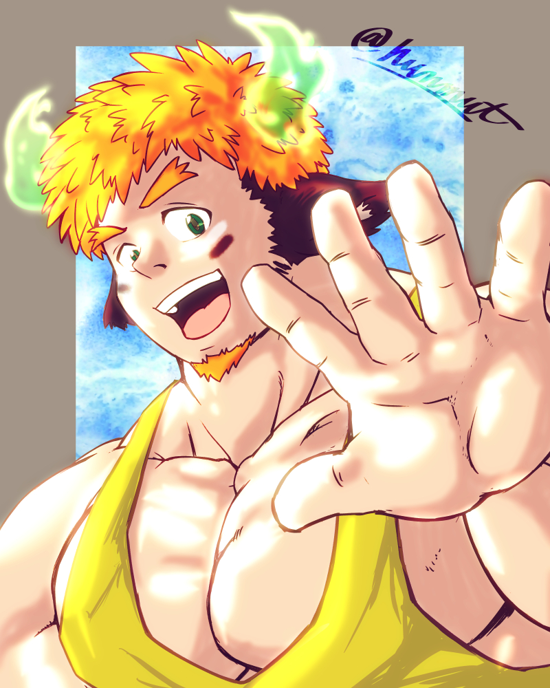 1boy, alternate_hair_color, animal_ears, bara, cow_boy, cow_ears, cow_horns, eye_black
