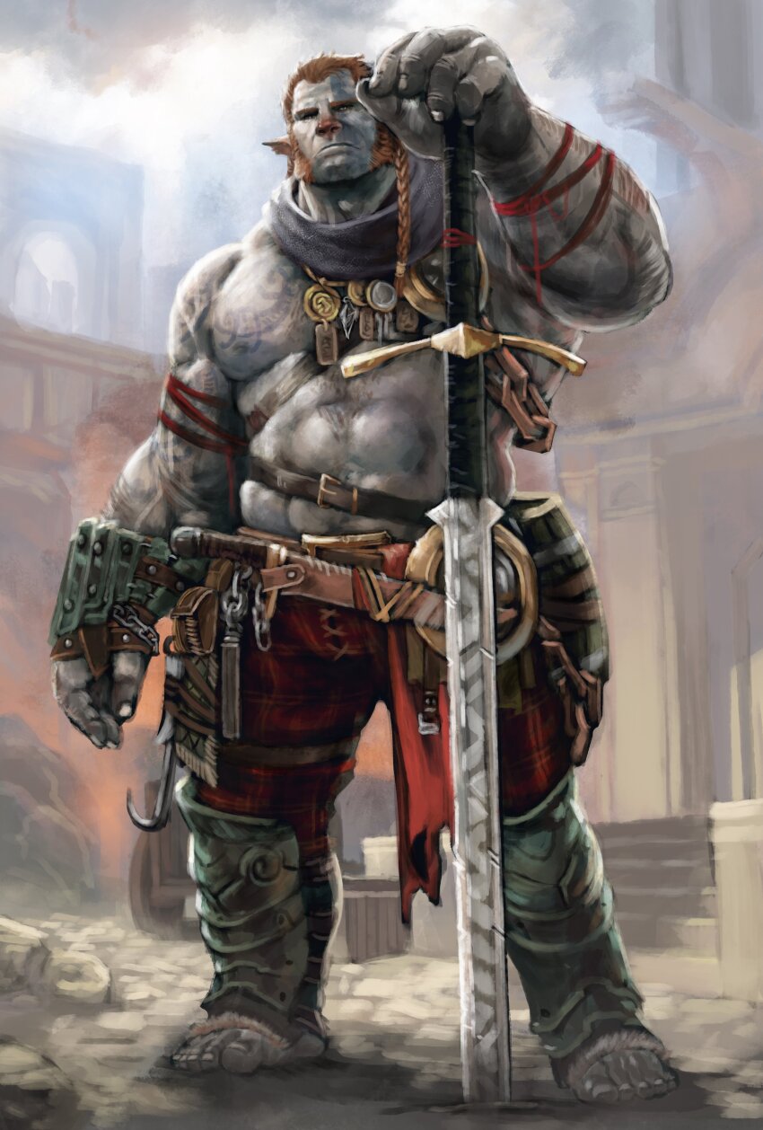 1boy, abs, absurdres, animal_ears, bara, barbarian, bare_pectorals, barefoot