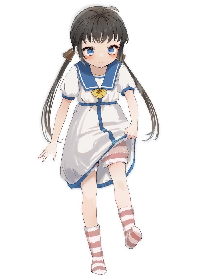 1girl, bare_legs, black_hair, bloomers, blue_eyes, blue_sailor_collar, clothes_lift, dress