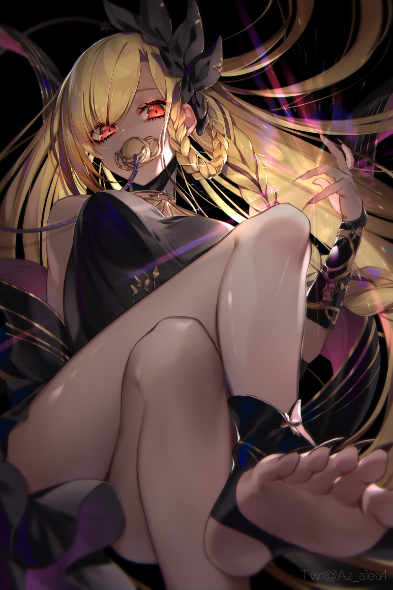 1girl, bare_legs, black_background, black_dress, black_nails, black_ribbon, blonde_hair, braid, breasts, breasts_apart, bridal_gauntlets, convenient_censoring, crossed_legs, dark, dress, feet, fingernails, foot_focus, french_braid, glowing, glowing_eyes, gold_trim, granblue_fantasy, hair_flowing_over, hair_ribbon, hair_rings, helel_ben_shalem, highres, kogome_(azalea4), light_rays, long_fingernails, long_hair, long_toenails, looking_at_viewer, nail_polish, pacifier, pale_skin, purple_rope, red_eyes, ribbon, rope, shadow, sharp_fingernails, sharp_toenails, shiny_skin, single_bridal_gauntlet, small_breasts, soles, solo, stirrup_legwear, toeless_legwear, toenail_polish, toenails, toes, twitter_username, very_long_hair, white_bridal_gauntlets